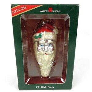 Vintage American Greetings Old World Santa Christmas Glitter Ornament Porcelain